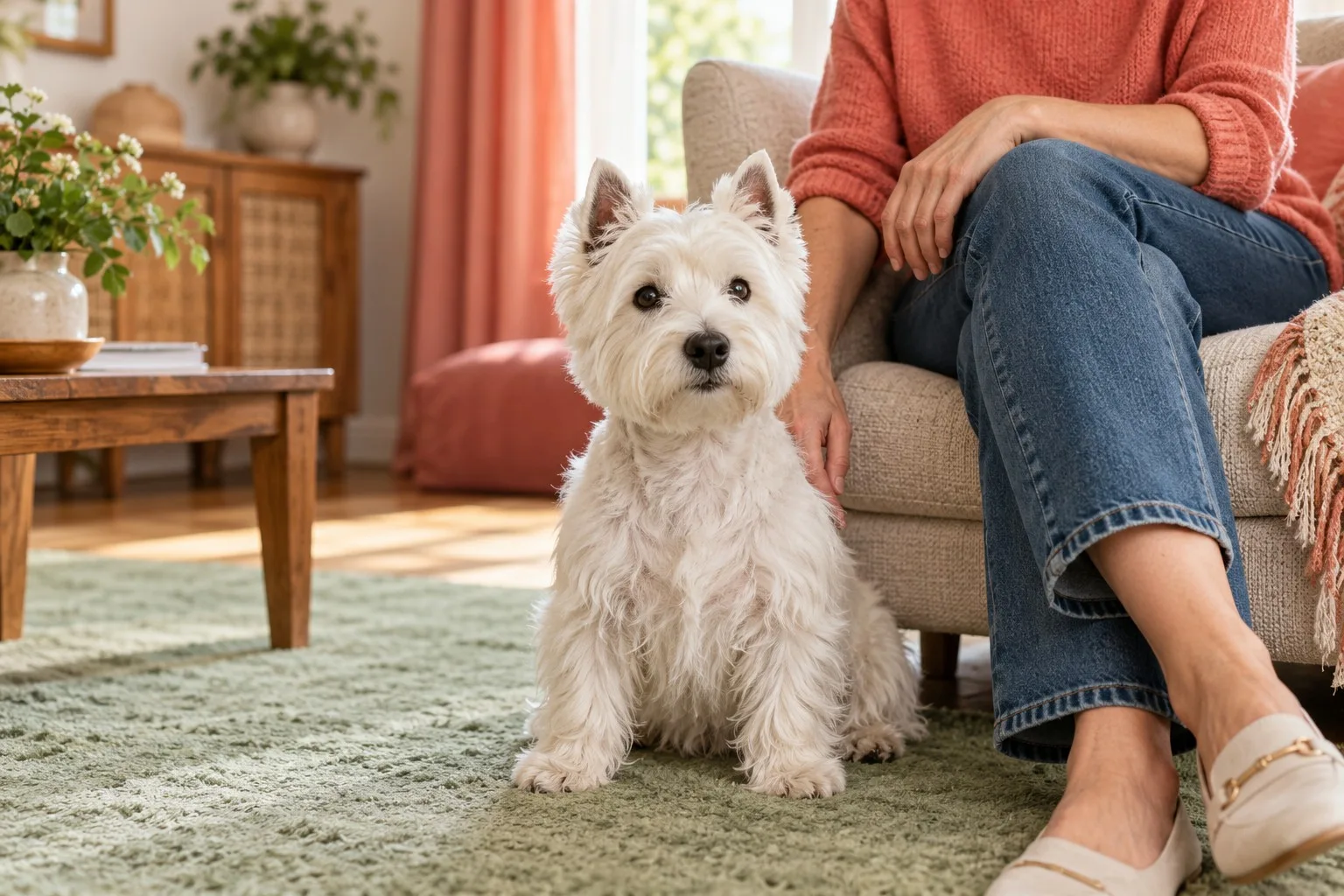 West Highland White Terrier sitting on a rug beside its owner